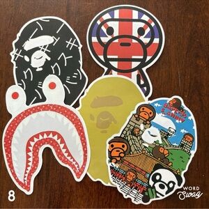 BAPE / A Bathing Ape Sticker Lot of 5 - Multicolor Ape Head & Shark Designs, New